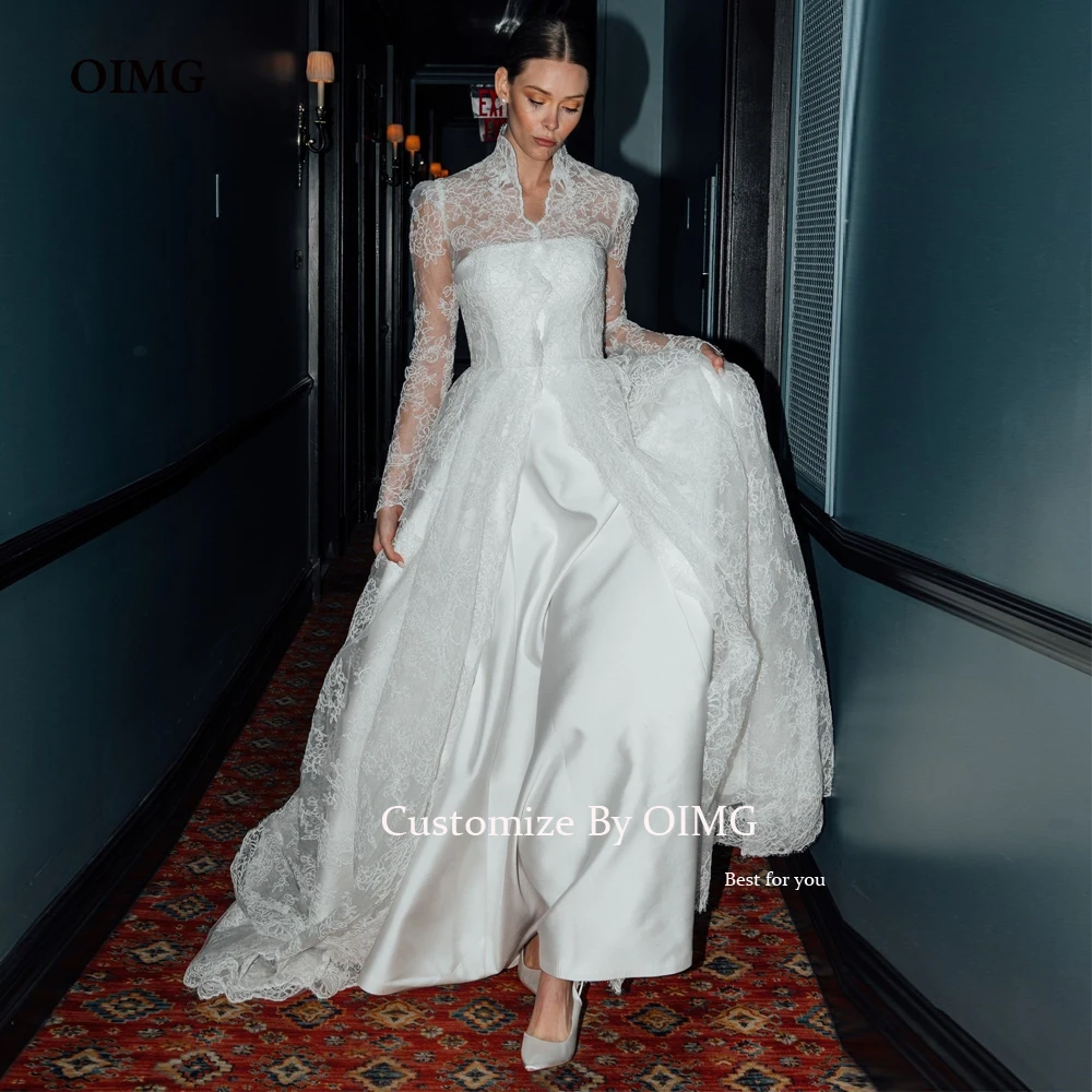 OIMG Modern Wedding Dress A Line Lace Jacket Long Bridal Party Gowns Engagement Detachable  Two Piece Luxury Wedding Dresses