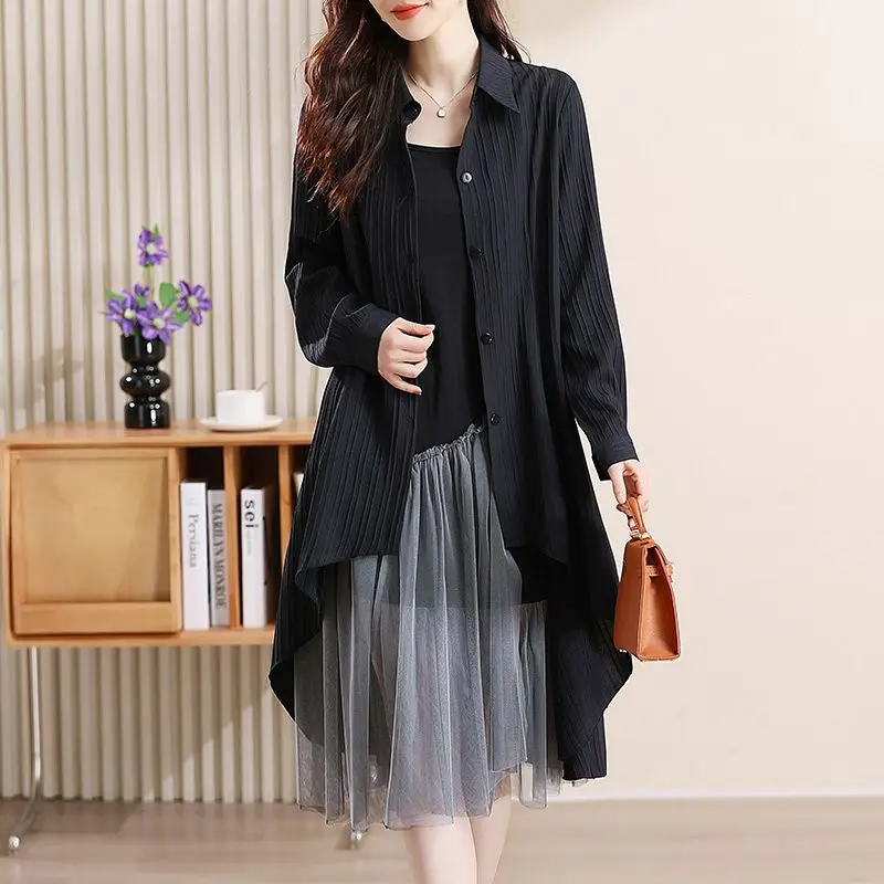 

4XL Large Size Women Outfits 2026 New Long Shirts + Strap Dress 2-piece Set Spring Summer Loose Blouse Cardigan Blouse Suits