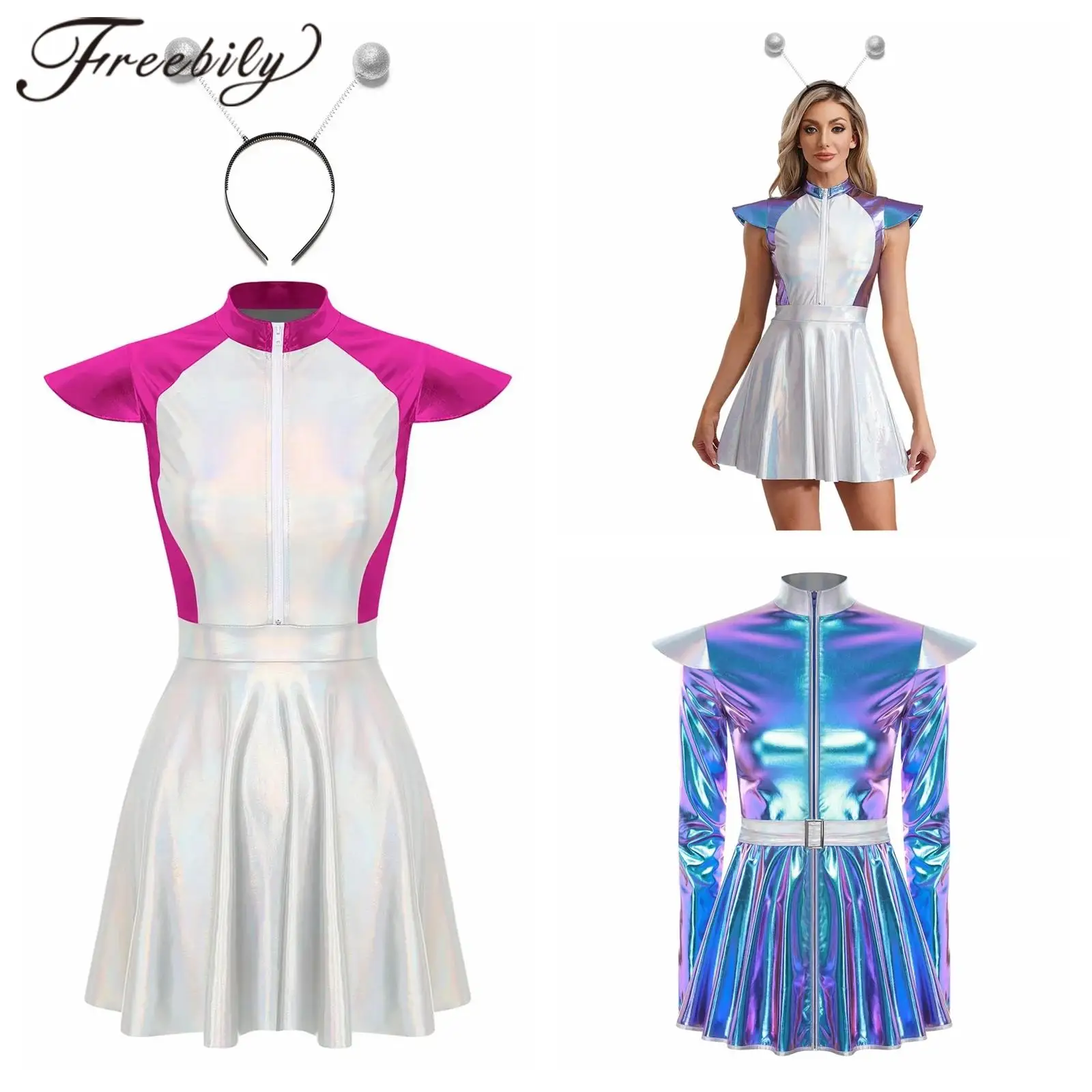 

Женский металлический костюм робота на Хэллоуин, карнавал, вечерние, косплей, платье с длинными рукавами, блестящий космический костюм инопланетянина, нарядное платье