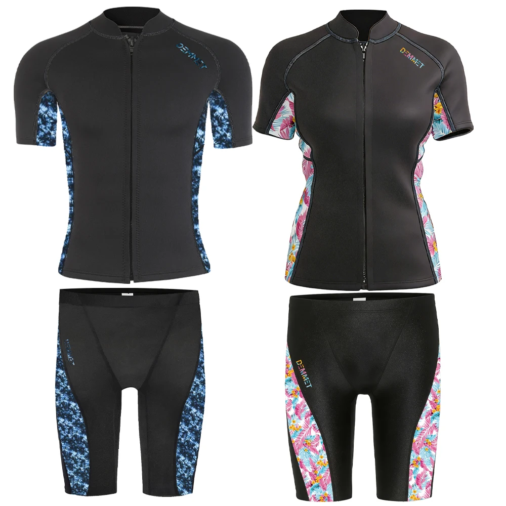 DEMMET 3MM Short Wetsuit Men Neoprene Diving Suit Split Sleeve Women Wet Suit Front Zip Spearfishing Swim Surfing Swimwear