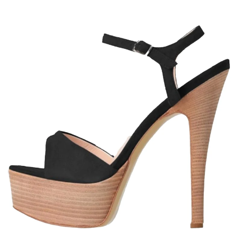 

DIZHUANG Fashionable women's high-heeled sandals. Black suede sandals. About 15cm heel height. Hardware buckle sandals. 34-46