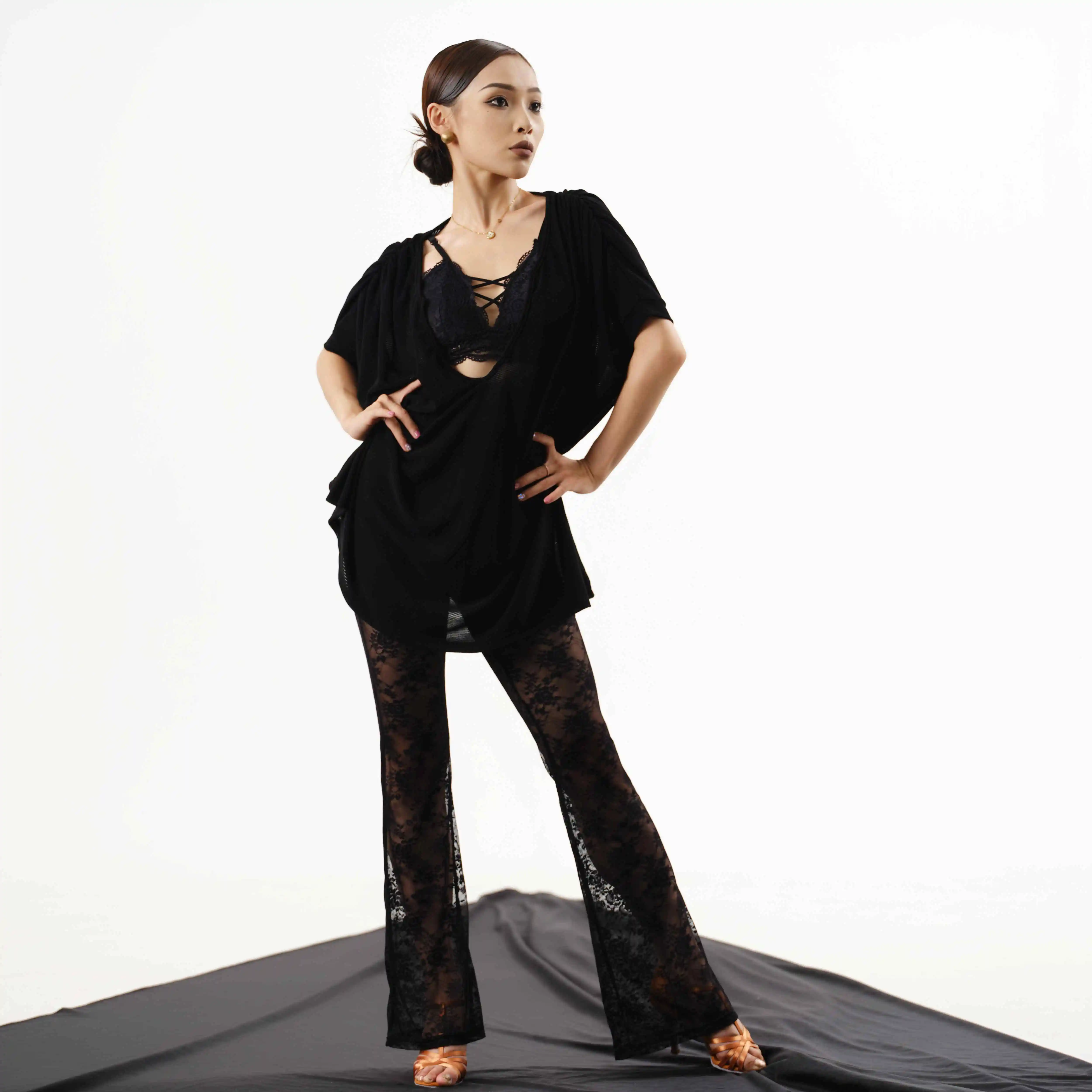 Losse Latin Dance Tops Vrouwen V-hals Korte Mouwen Praktijk Kleding Volwassen Rumba Samba Salsa Dansvoorstelling Kleding DNV24384