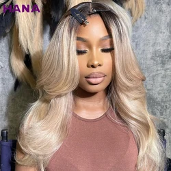 Dark Roots Ombre Colored Body Wave Human HairWig 5X5 Closure Wig Pre-Plucked Honey Ash Blonde 13X6 Transparent Lace Frontal Wig