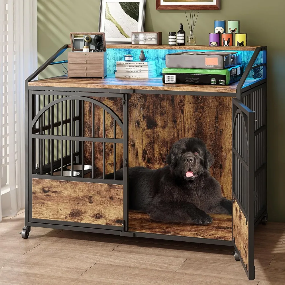 

44 Inch Heavy Duty Dog Crate Furniture with 3 Doors, Dog Kennel with 360° Stainless Steel Bowls, Lockable Wheels, Wood Dog Cage