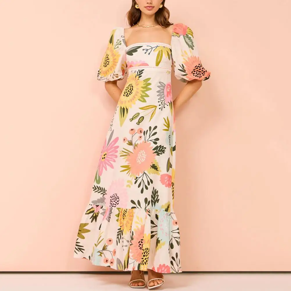 Vestido maxi estampado floral, decote quadrado, mangas de lanterna, silhueta em linha A para férias, baile ou festa, largo, quadrado