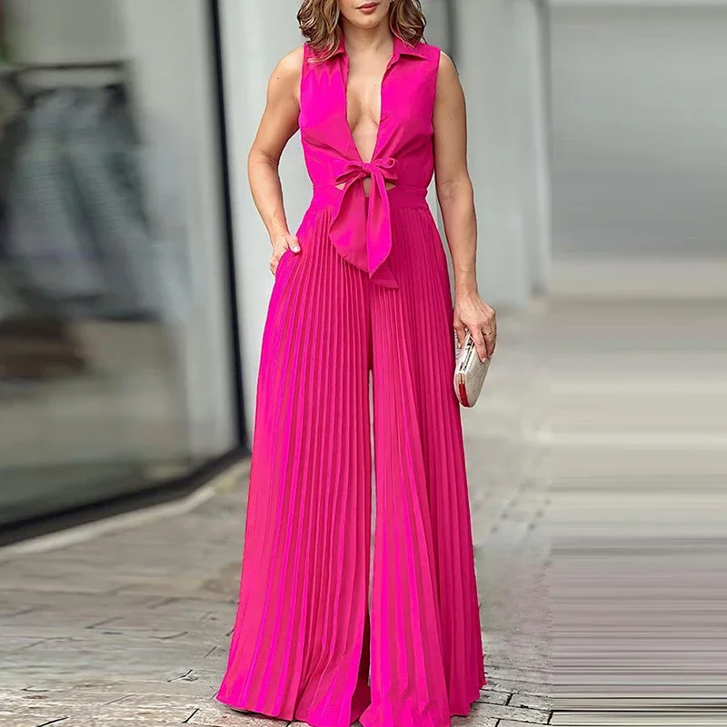 

Women Deep V Bow Knot Tie Up Party Jumpsuit Summer Street Temperament Wide Leg Playsuits Casual Hollow Sleeveless Pleated Romper