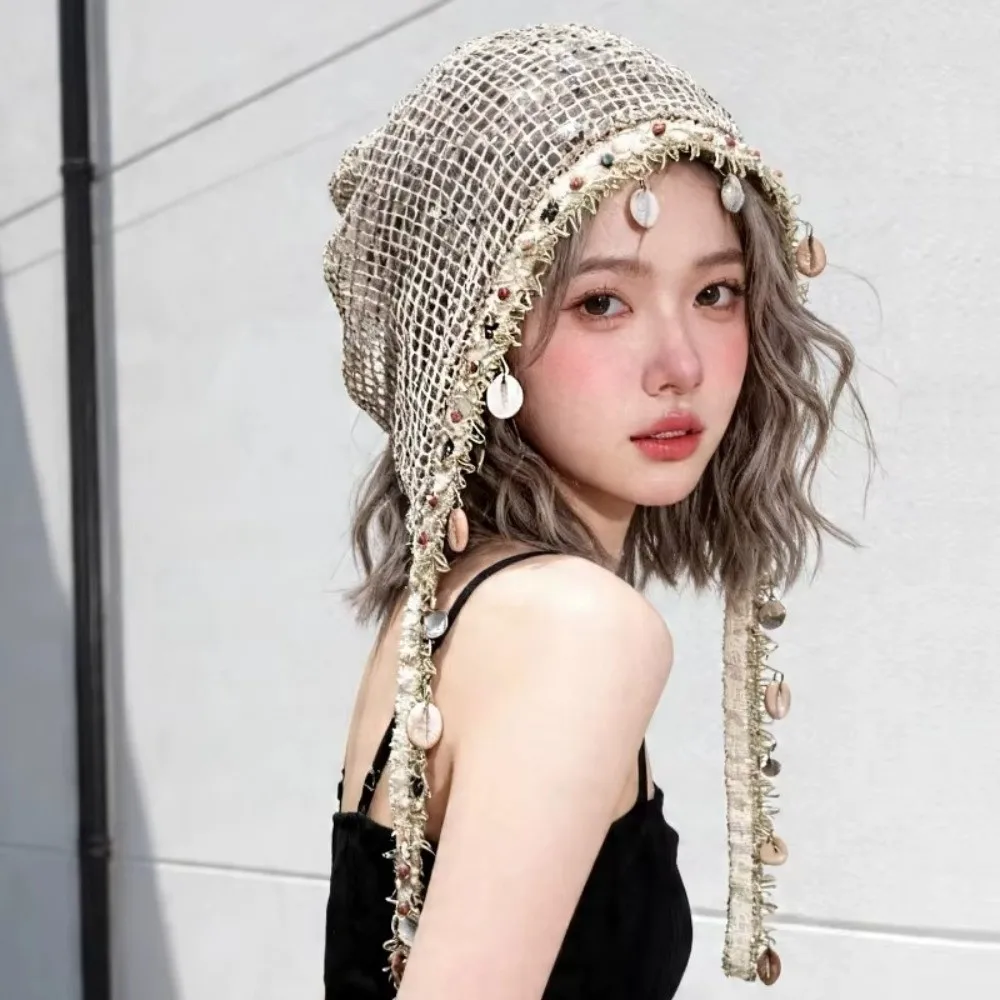Portable Hollow Out Mesh Beanie Cap Bohemian Breathable Slouchy Hat Shell Tassel Design Pullover Hat for Women