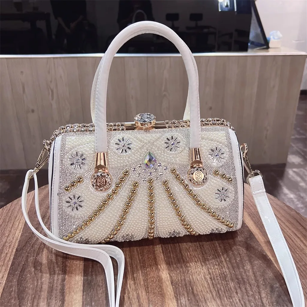 

High Quality Fashion Beads Beaded Pillow Bag Glitter Diamonds Women Handbag Large Capacity Patent Leather Shoulder Messenger Bag