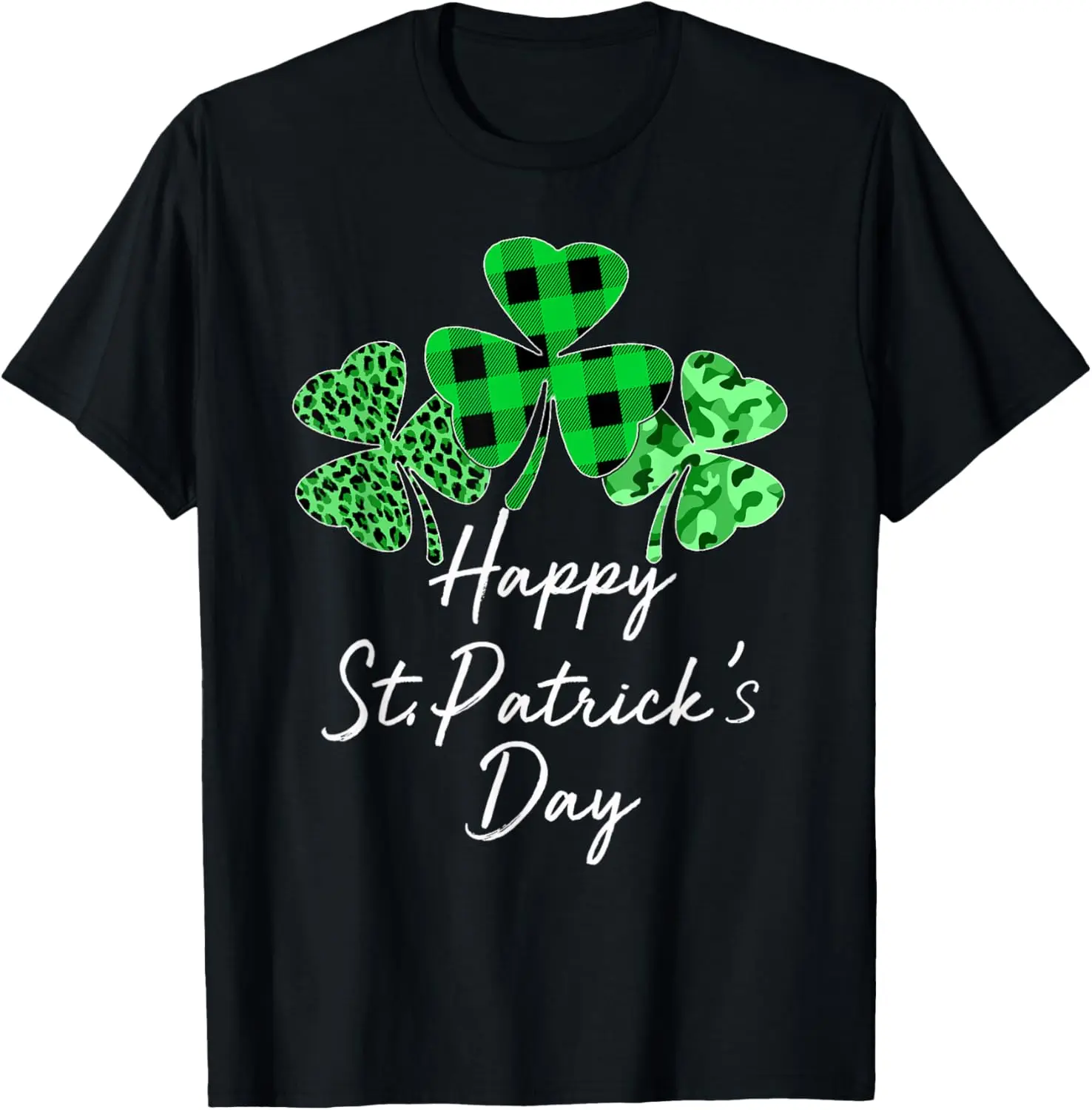 Plaid Shamrock Leopard Camouflage Happy St Patricks Day T-Shirt