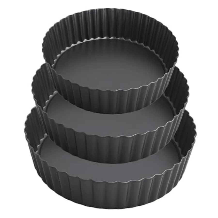 

Set of 3 Deep Dish Pie Pan with Removable Bottom - Fluted Carbon Steel Tart Pan for Quiche Lorraine Pies - Crispy Crust Baking