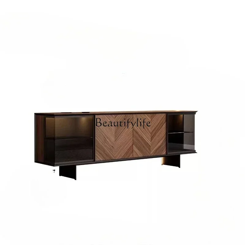

45Ljy Italian light luxury walnut TV cabinet simple modern storage glass TV cabinet