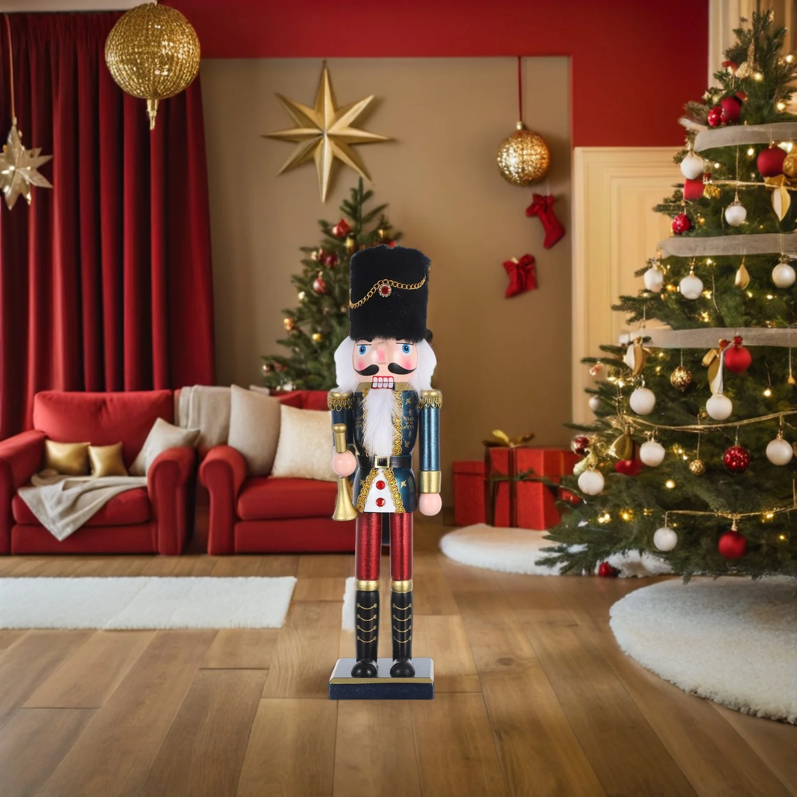 

38Cm Festive Wooden Nutcracker Figure - Classic with Soldier Axe for Christmas Home Fireplace Display and Seasonal