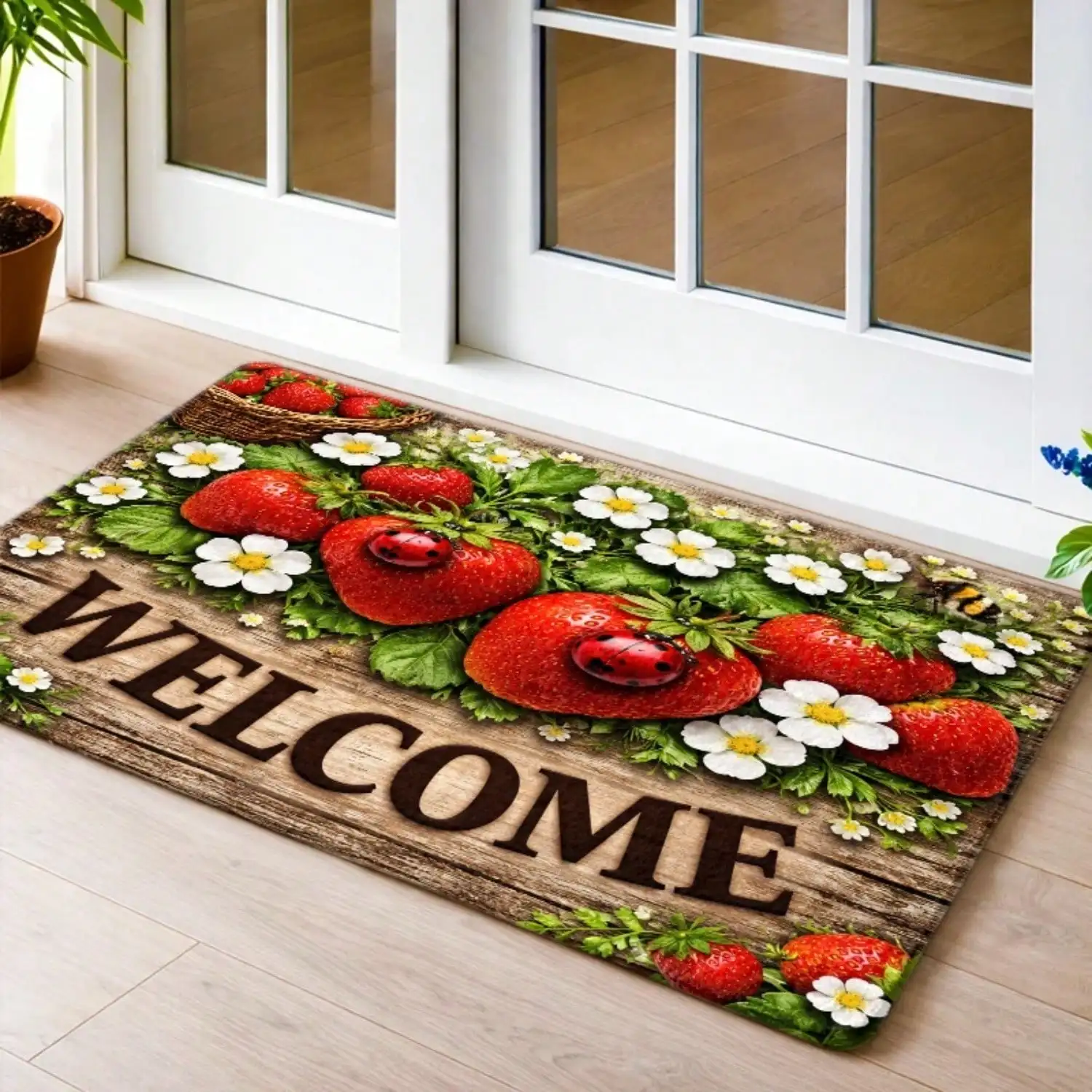 1pc, Flannel Non-Slip Rubber Sole Strawberry Welcome Mat, Durable And, Machine Washable, Widely Applicable For Living Room, Bedroom, Office, Indoor, Bathroom