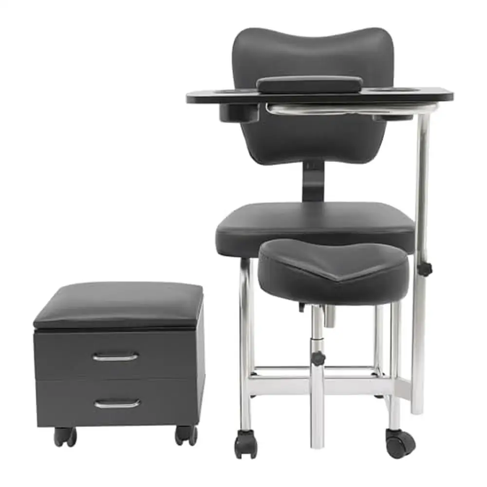 

Adjustable Manicure Pedicure Chair with Storage Cabinet Comfortable Salon Trolley Beauty Spa Massage Stool Black Portable and