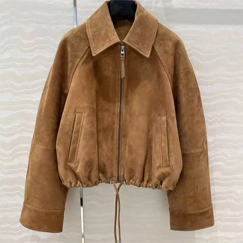 Retro Leather Flower Bud Jacket for Women Trendy Kid Suede Drawstring Silhouette Short Coat Streetwear Chill Casaco Feminino