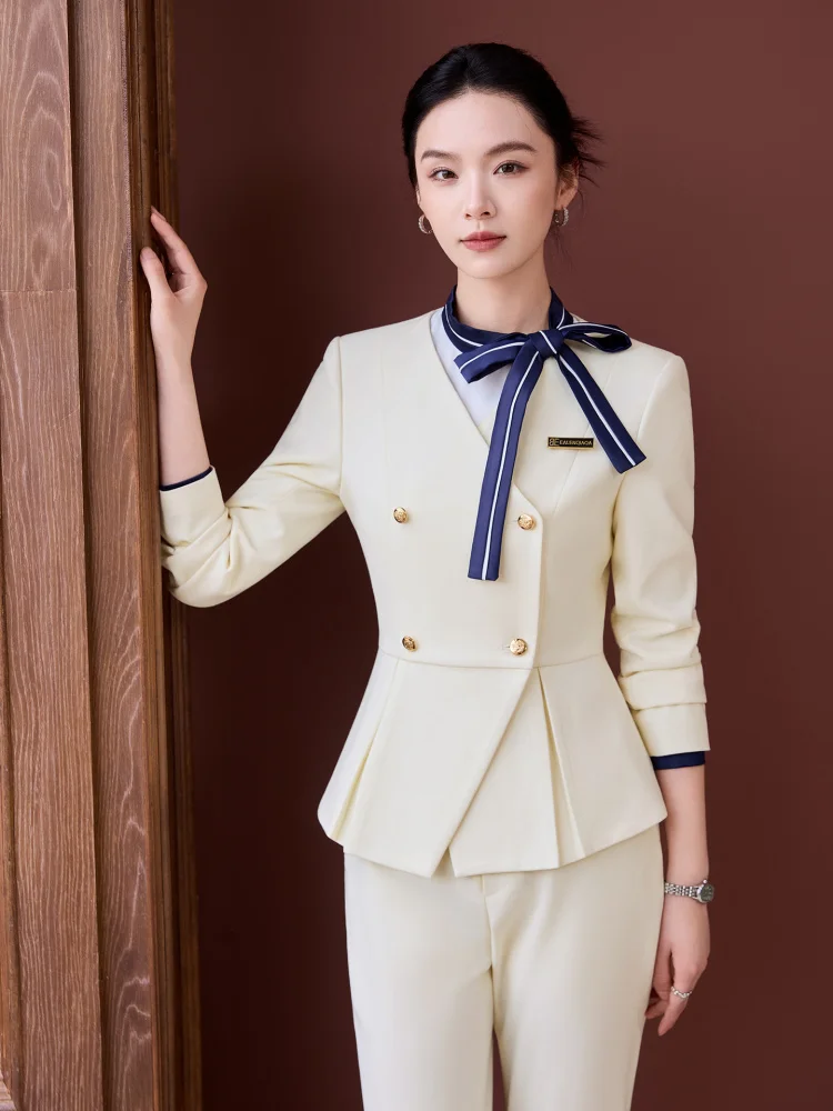 Collarless women's suit set for autumn, suitable for beauty salons, jewelry stores, front desk receptionists, formal work attire