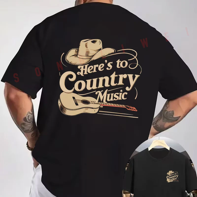 

Country Music Cowboy Hat And Guitar Graphic Motorcycle T-Shirt Double-Sided Print Men's Summer Short Sleeve O-Neck Casual Tops