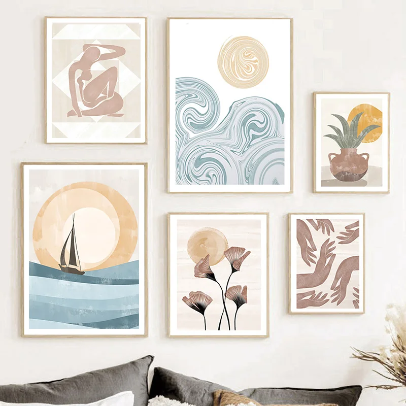 Boho Ozean Sonne Segelboot Abstrakte Frauen-Kunstposter Blumen Pflanzen Wandkunst Leinwanddrucke Gemälde Bilder für Wohnzimmer-Deko