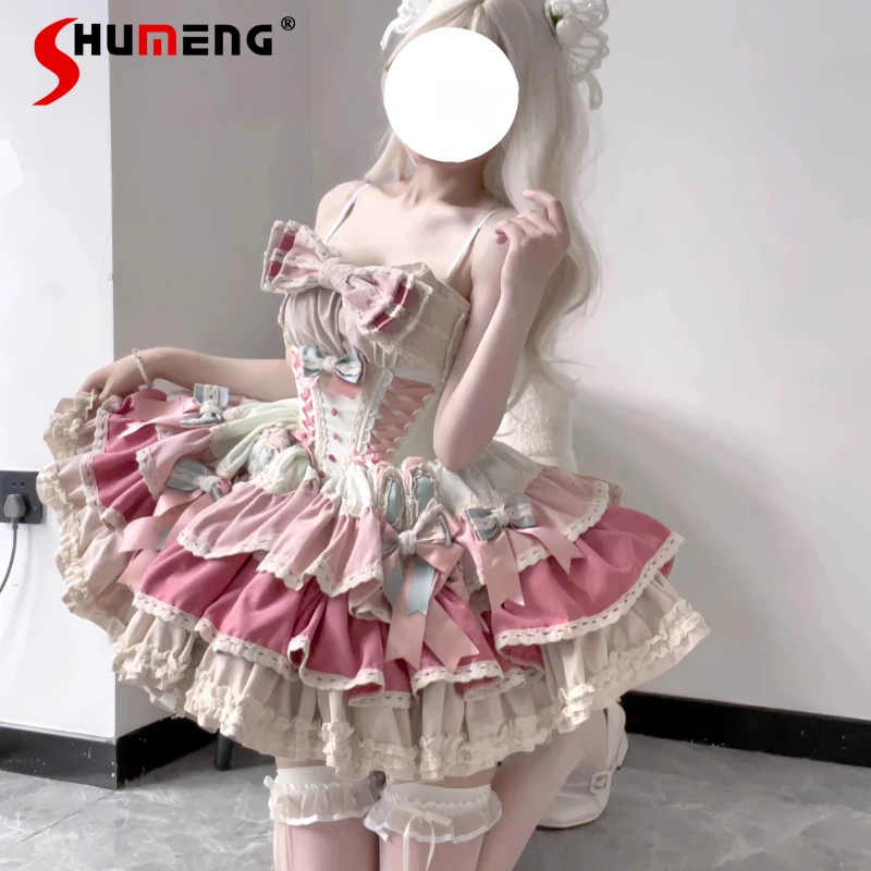 

French Sweet Lolita Style Princess Puffy Cake Dress Summer New Satin Bow Slim Strapless Short Mini Birthday Party Dresses
