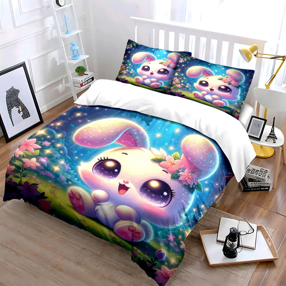 Shiny bunny in dreamy forest Print Bedding Set 1 Duvet Cover 2 Pillowcases for Adult and Children Luxury Gift Full Size