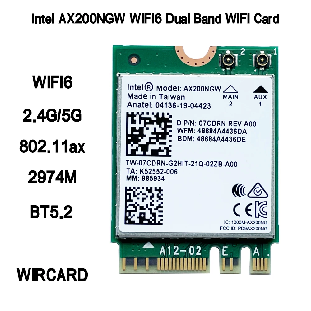 

Dual Band Wireless M.2 Wifi6 AX200 2974Mbps Bluetooth 5.2 802.11ax MU-MIMO NGFF Laptop Wlan WiFi Card AX200NGW Windows 10