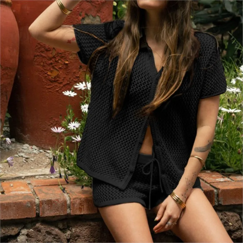 العصرية الجوف خارج الدانتيل يصل السراويل مجموعات النساء الصيف مثير انظر من خلال قصيرة الأكمام سترة عطلة الشاطئ 2 قطعة دعوى الملابس فام #2