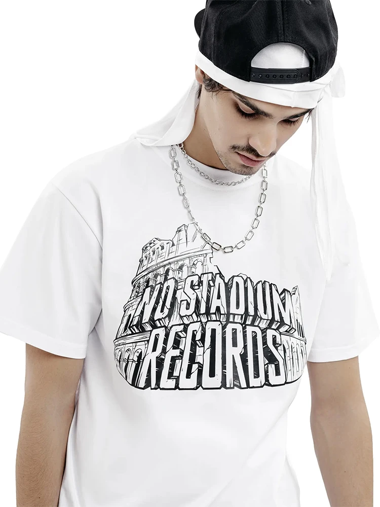T-shirt pour homme NO STADIUM en coton, manches courtes, style oversize, imprimé vintage, streetwear Harajuku, mode coréenne