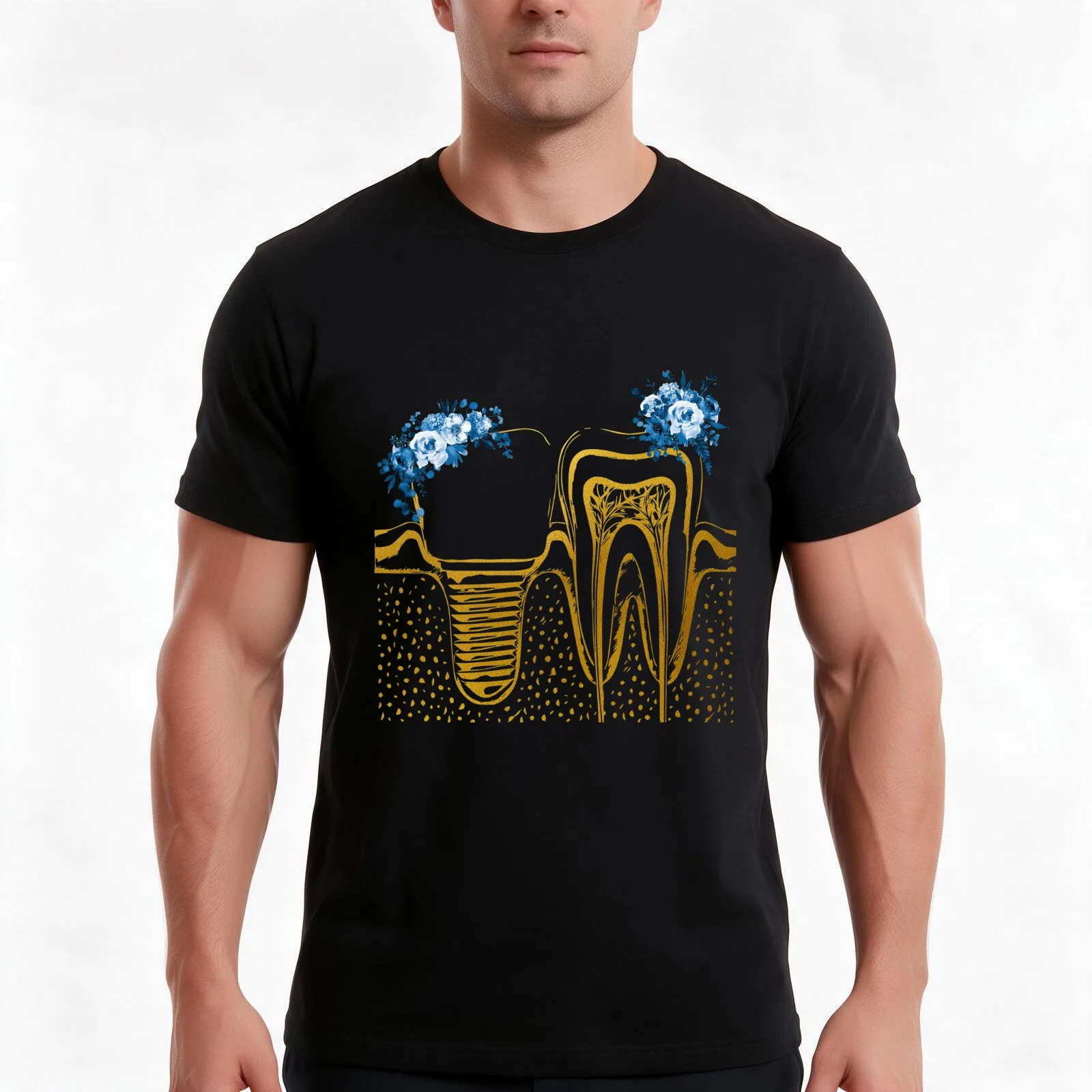 Human teeth and dental implant T-Shirt, Summer Casual Cotton Tee, Oversized Streetwear Tops, Vintage Graphic Print, 100% Cotton