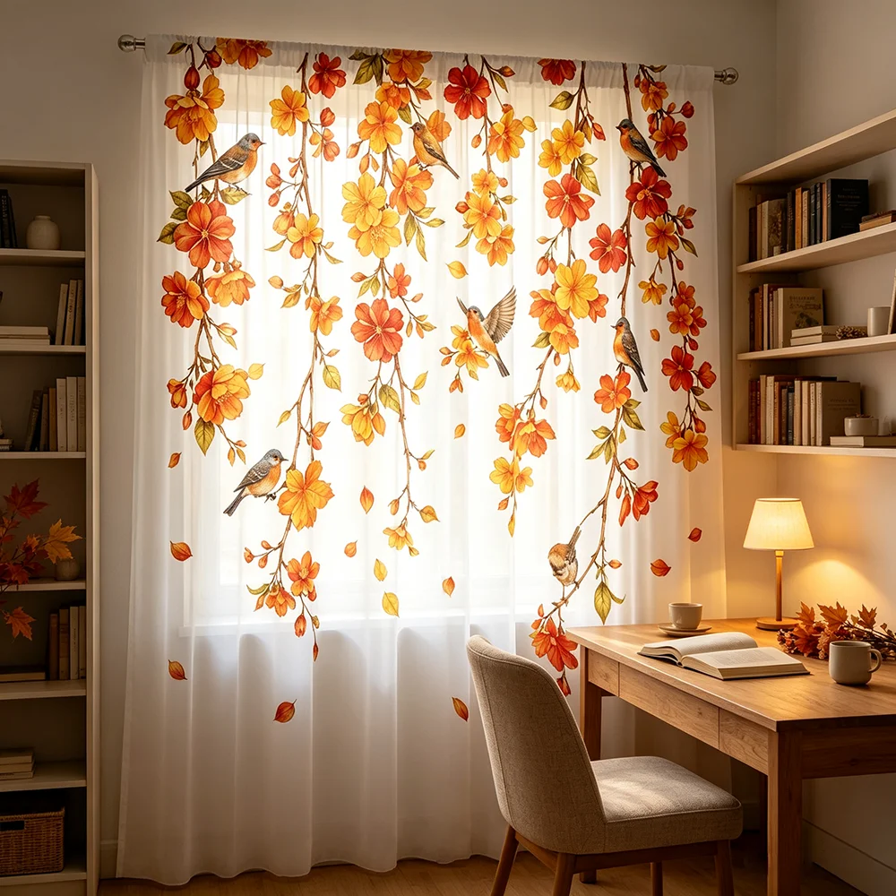 1PC Sheer Curtain Orange Flower Bird Hanging Vine Print, Rod Pocket Window Curtain for Living Room Nature Decor