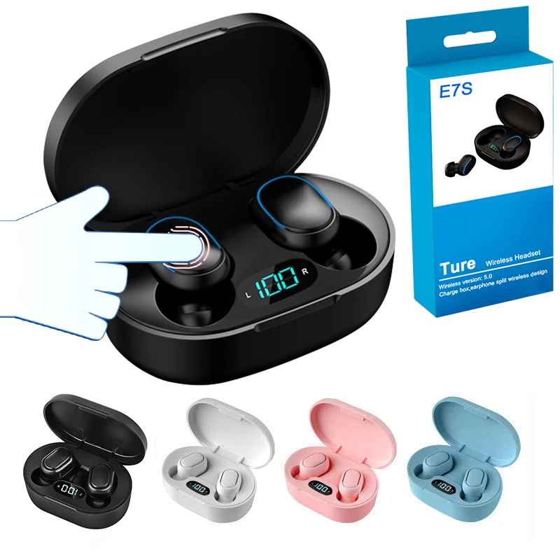 Fones de ouvido compatíveis com bluetooth sem fio, headset esportivo, fones de ouvido mãos livres, telefone celular, E7S, TWS, 5.0