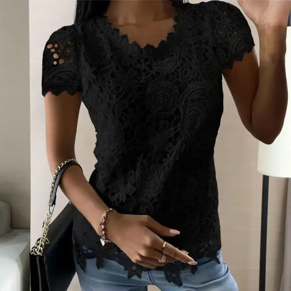 

Comfortable Short-sleeve Top Elegant Lace Splicing Women's Tee Shirt O-neck Short Sleeve Solid Color for Casual for Stylish