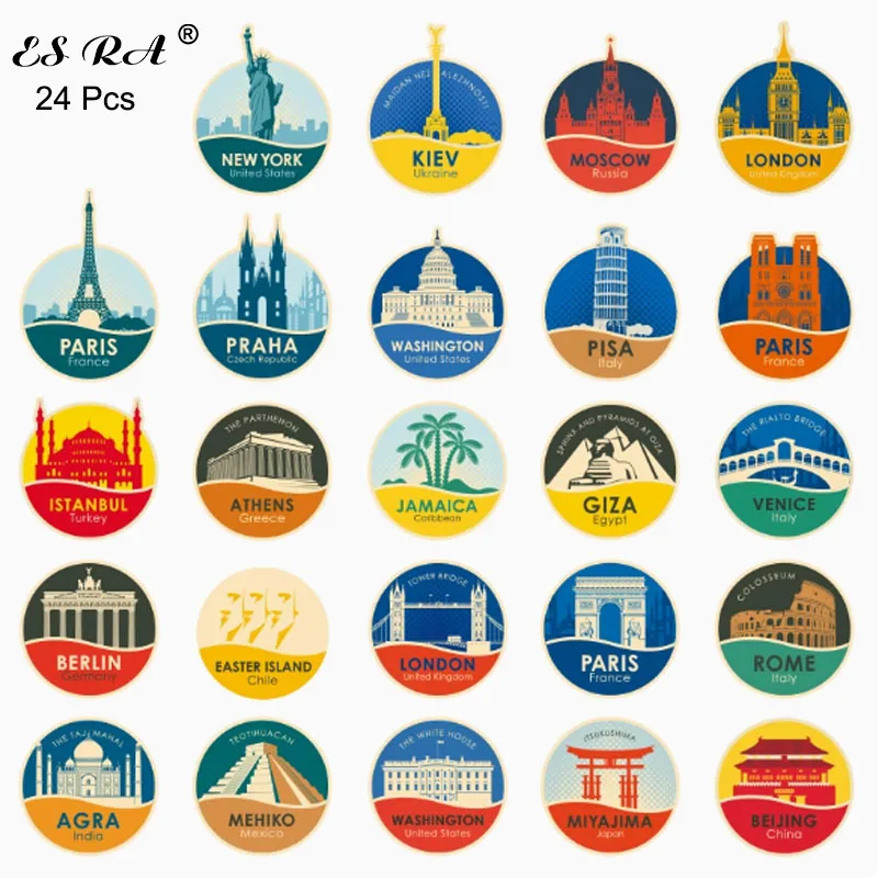 

24 Pcs/Set Famous City Landmark Building Stickers Luggage Notebook Decals Retro British Style Pegatinas