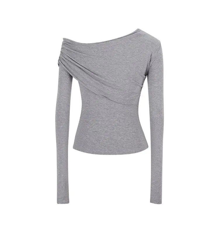 

2025 New Irregular Skew Collar Strapless Long Sleeved T-shirt for Women's Autumn Pleated Design Top