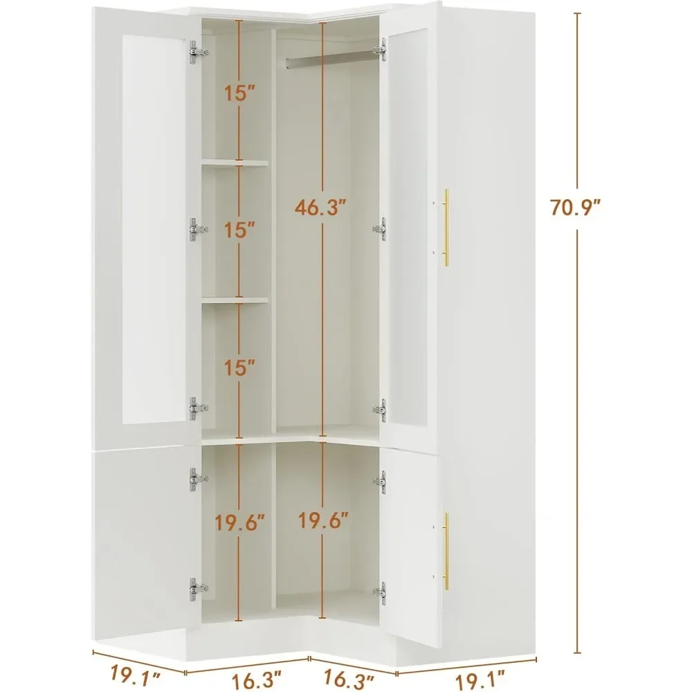 Narożna szafa na ubrania z 4-drzwiczkami, szafa na ubrania z drążkiem do zawieszania, organizer na ubrania w kształcie litery L, szafa