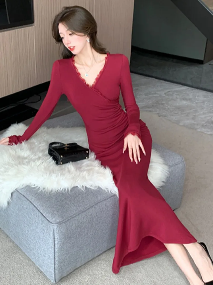 Slimming Lace Trim V-ne Fi-tail Dr Women's Autumn High-waisted Bodycon Sexy Elegance Beautiful Wraparound Skirt