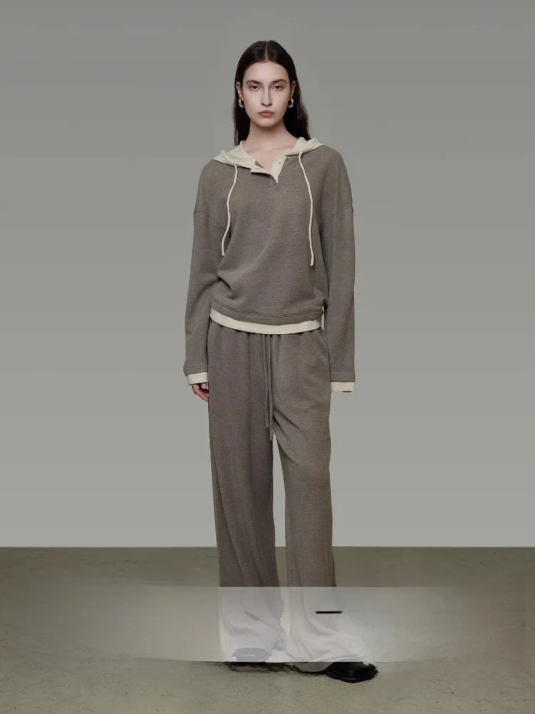 

Unspoken Color Blo Dstring Толстовка с капюшоном Повседневный комплект Женский весенний свободный костюм из двух предметов с высокой талией Длинный свеч из эластичной ткани