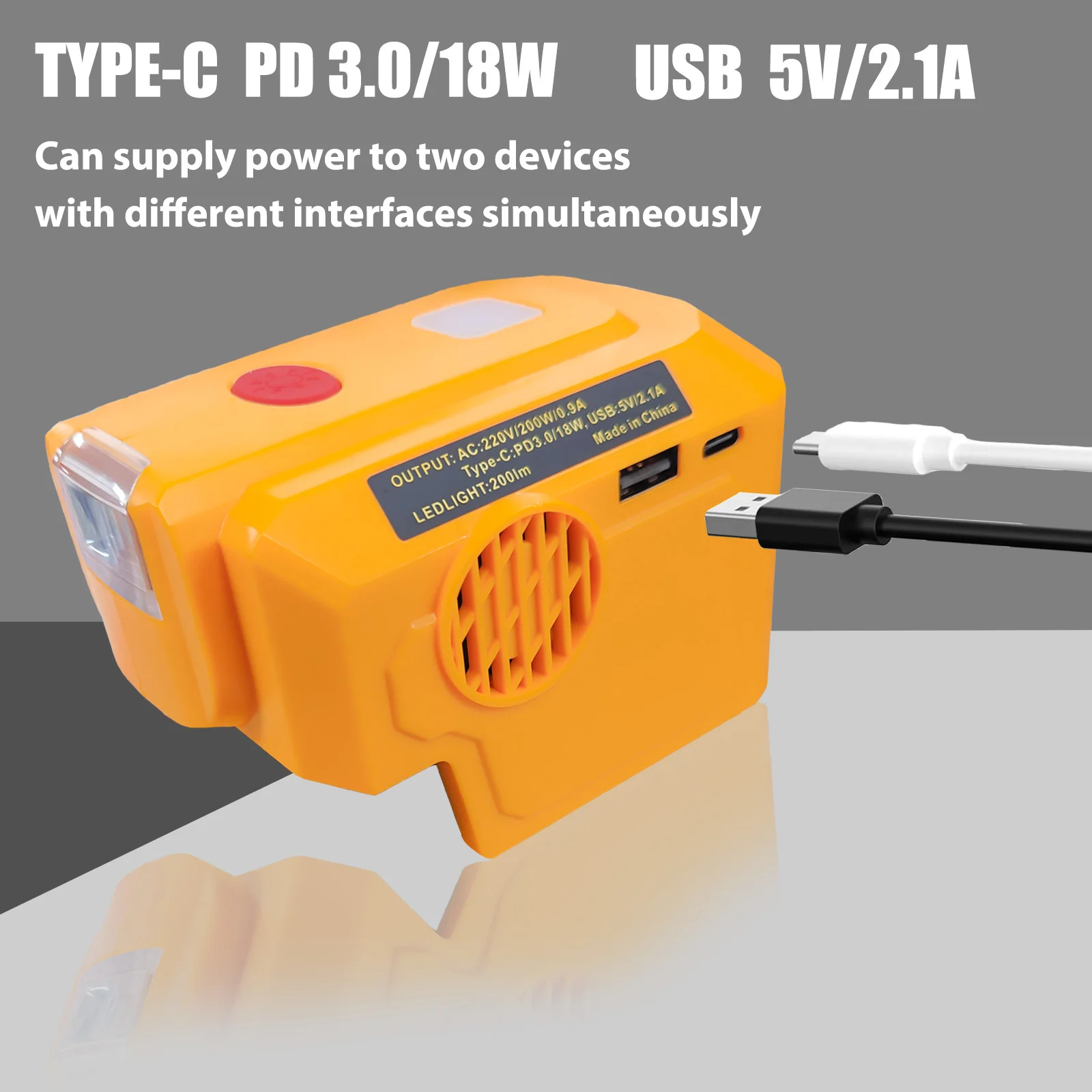 200W-250W Power Inverter, Compatible with DeWALT 20V Battery, DC 20V to AC 110V-120V Portable Power Inverter, 1 AC Outlet, 1 USB Ports & 1 Type-C Port, Adjustable LED Work Light, (Tool Only)