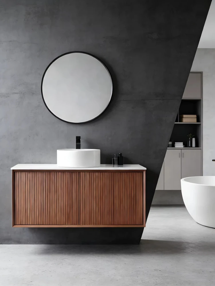 Solid wood bathroom cabinet marble countertop small apartment hanging cabinet washbasin hanging type