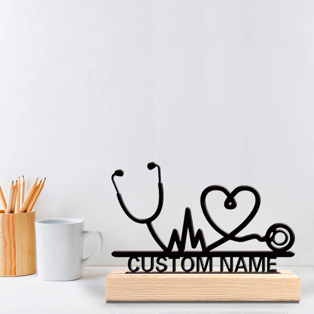 1pc Love stethoscope Custom Text Metal Statue Iron Ornament Handicraft With Wood Base Metal Ornament For Office Room Decor