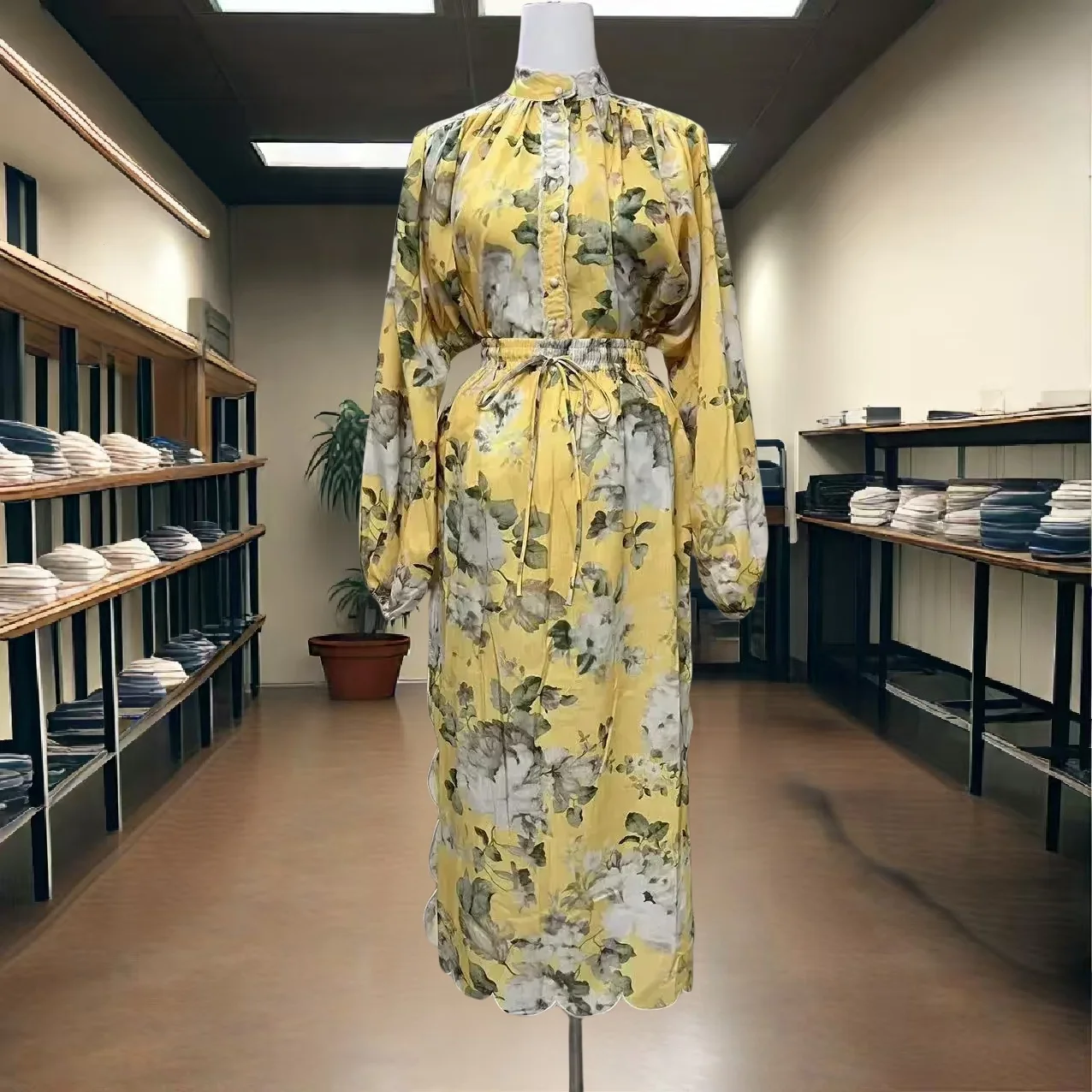 

..Yellow Vacation Style New Printed Lantern Sleeve Shirt and Skirt Elegant Socialite Outfit