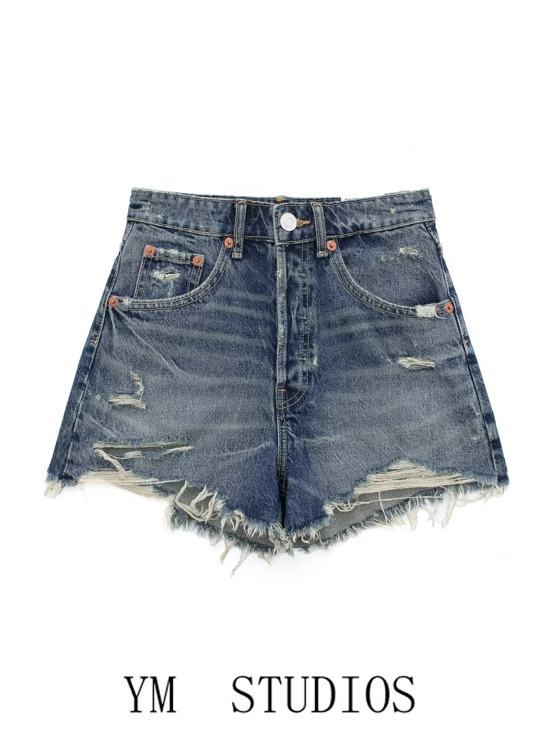 Retro American High Waist Denim Shorts Women's Summer Frayed Decorated A-Line Pants Torn Hole Craft Loose Fit Elasticity