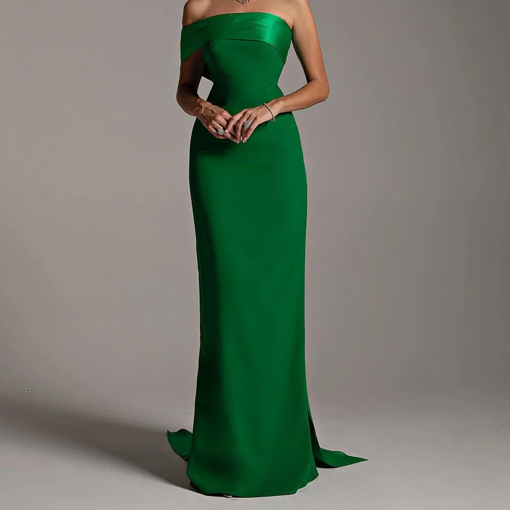 

Customized Temperament Jersey Green One Shoulder Evening Dress Formal Strapless Straight Short Sleeves Bespoke Occasion Gowns