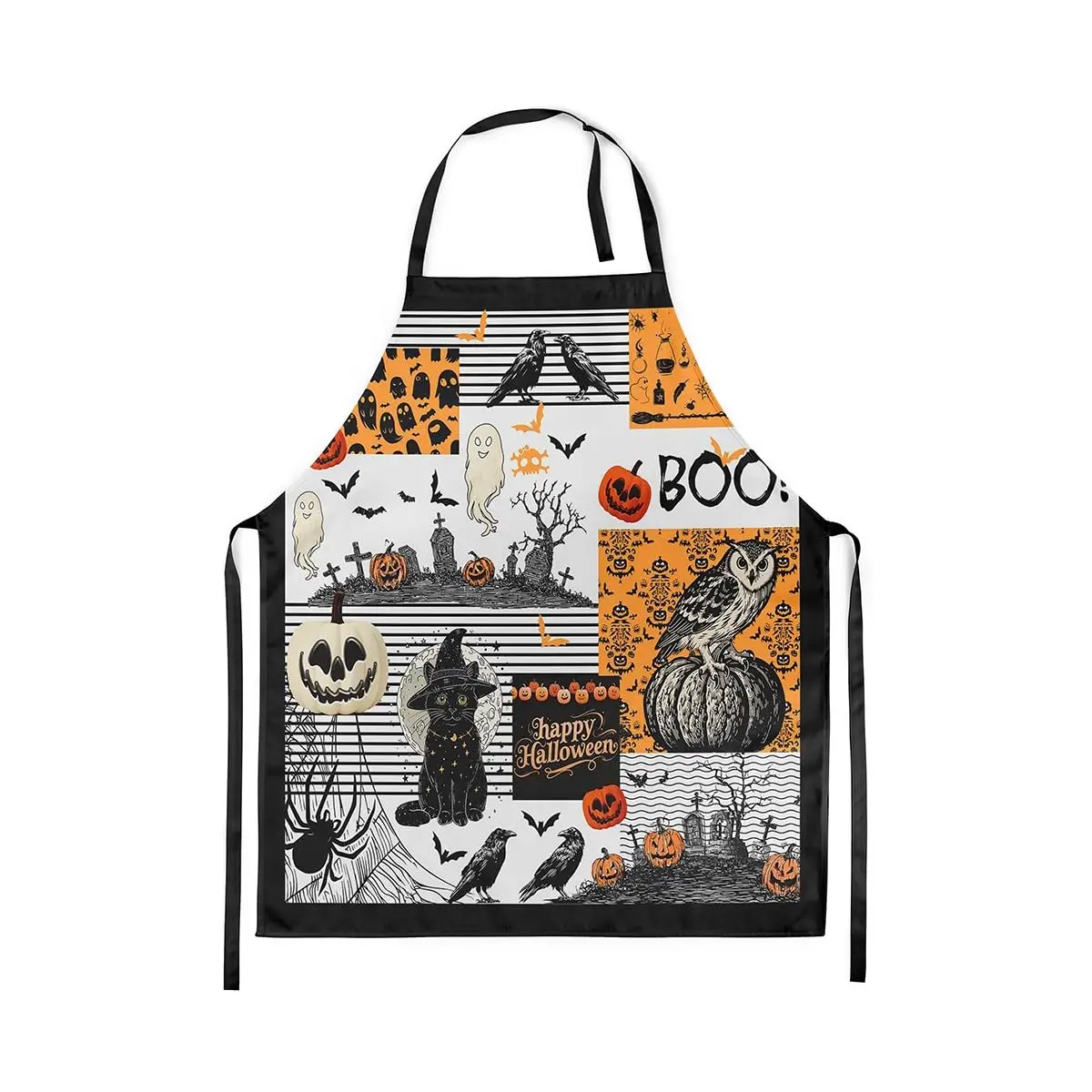 

Halloween Decor Kitchen Apron Cute Cat Wild Crow Spider Owl Waterproof Apron for Adults Orange Pumpkin Cartoon Ghost Apron