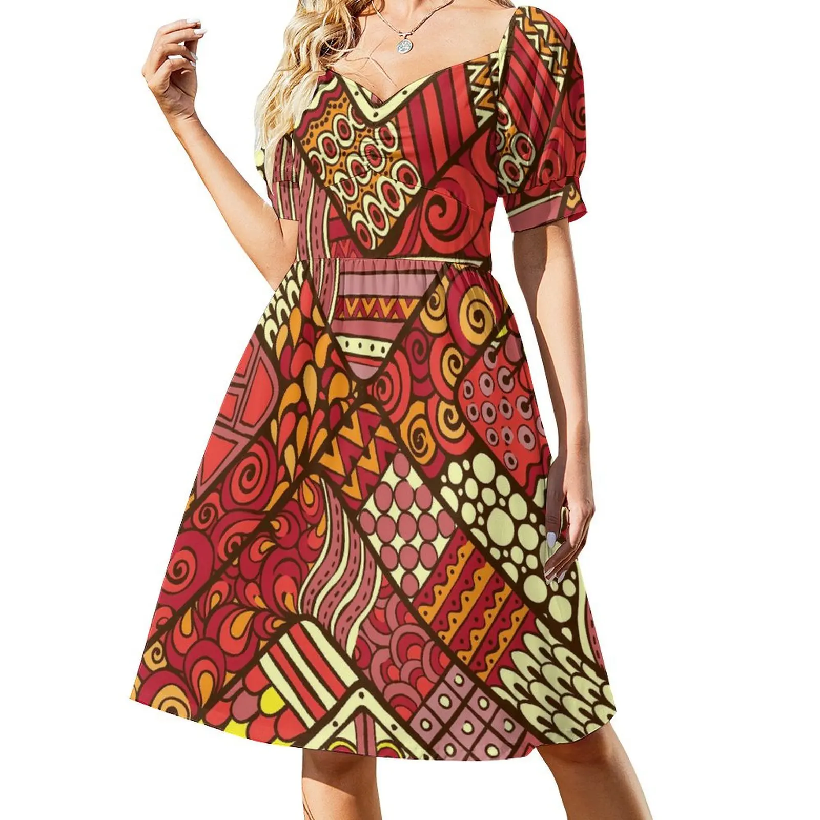 Abstract Tribal Dress Red Patchwrok Print Elegant Dresses Women Short Sleeve Aesthetic Casual Dress V Neck Oversize Vestido