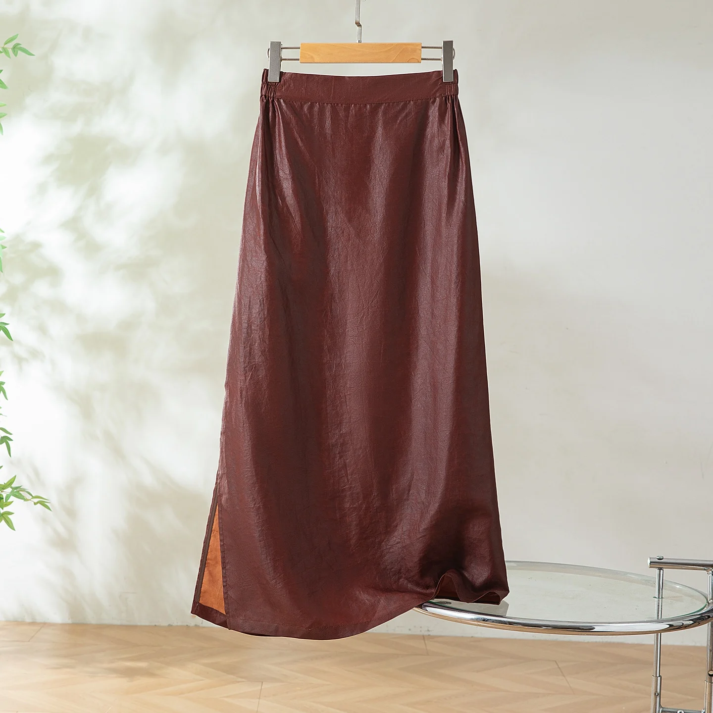 Winsleter-100%Real Silk Watered Gauze Elegant Skirts, Elastic Waist Craquelure, Women Retro Commute Skirt, 2025 Autumn B59669CC