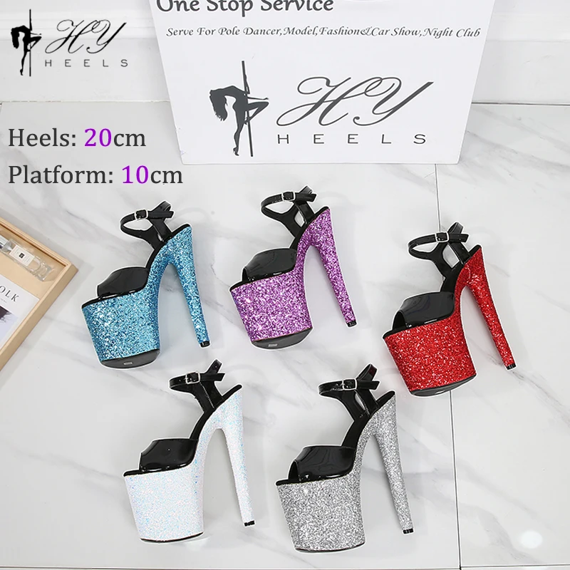 20cm Stiletto Exotic Pole Dance Glitter Platform Sandals Classic Ankle Strap Sexy High Heels Club Party  Girls Shoes For Women