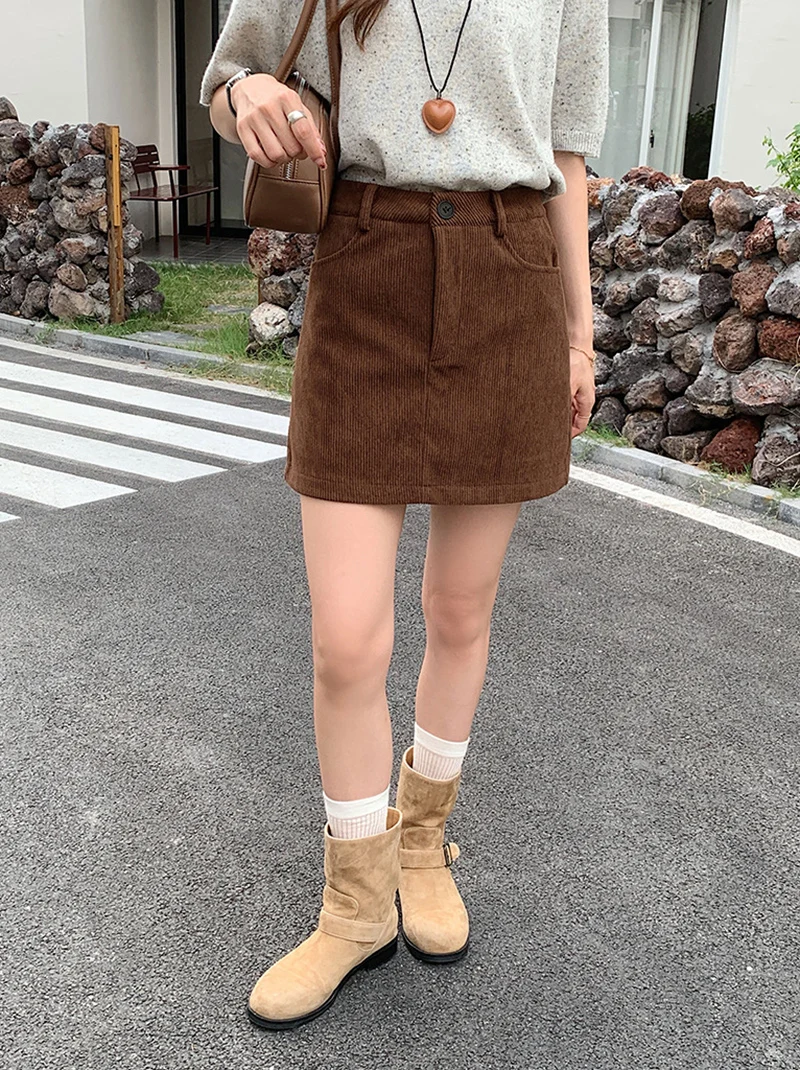 Grundlegende Hohe Taille Cord Mini Rock Frauen Herbst Neue Vintage College A-linie Röcke Tasche Koreanische Abnehmen Alle-Spiel Kurzen rock – Detail 16