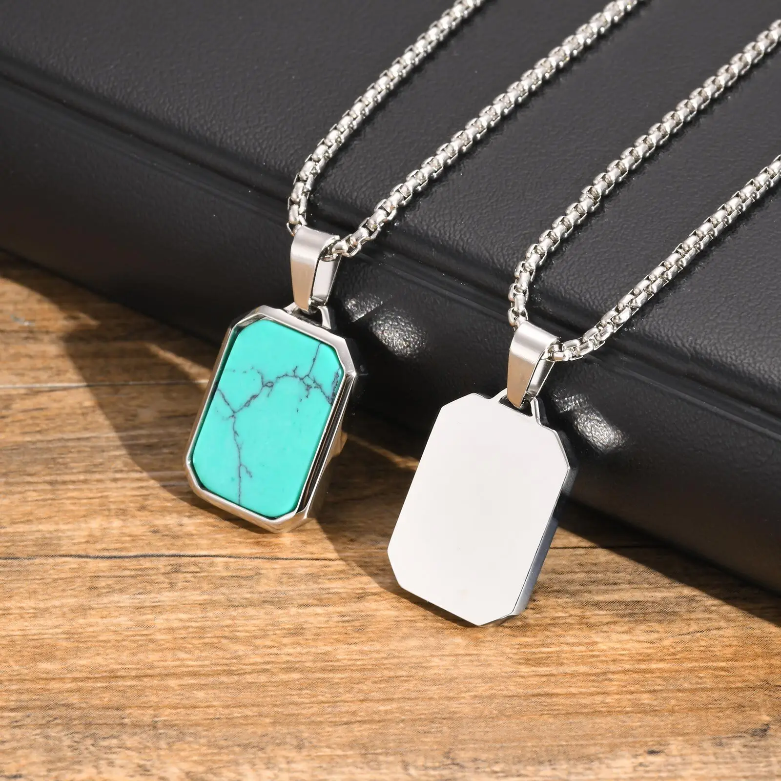 Vnox Natural Stone Pendant Necklaces for Men, Geometric Square Stainless Steel Necklaces Collar, Simple Casual Male Jewelry Gift image 5