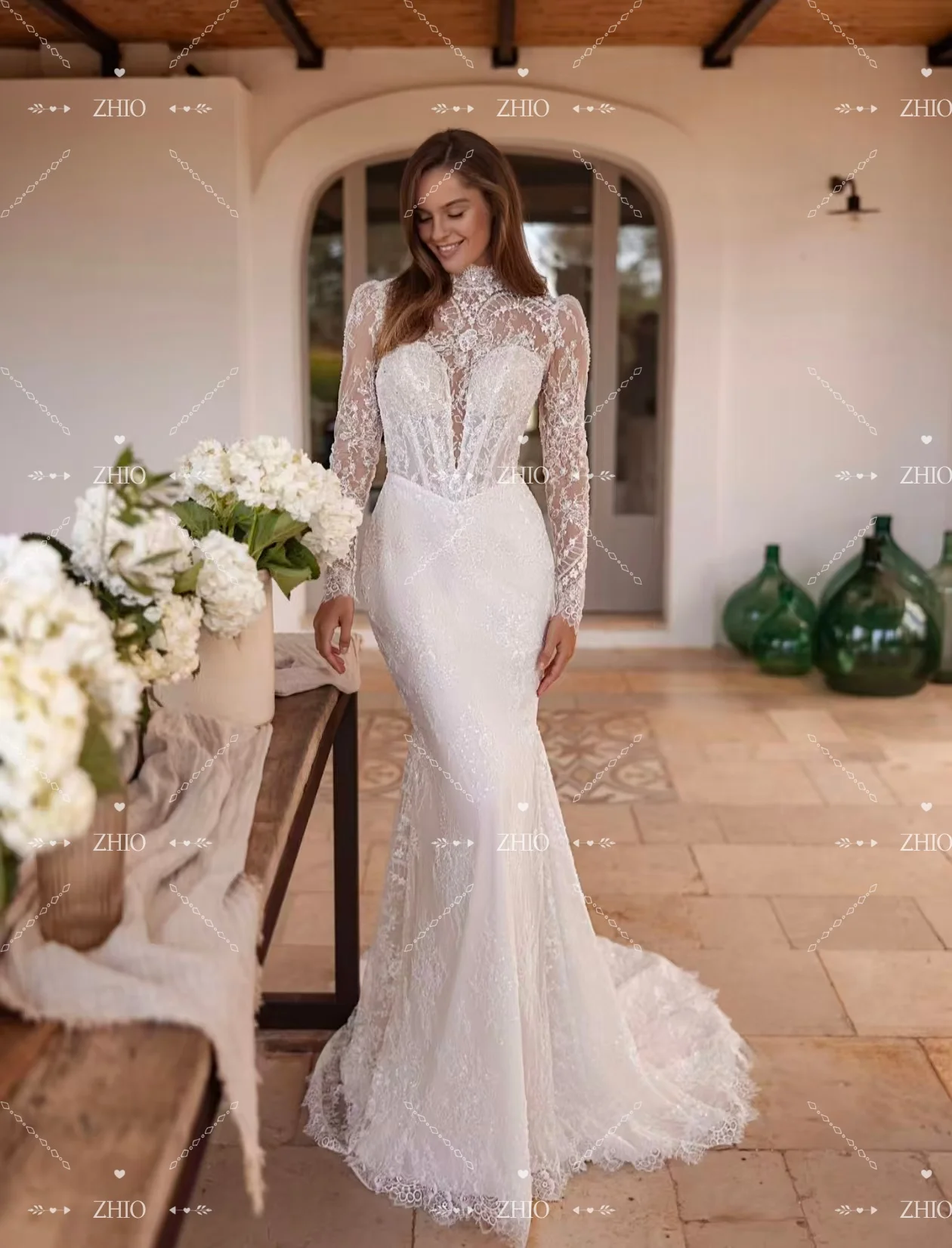 ZHIO خمر فستان الزفاف الدانتيل رائعة عالية الرقبة انفصال قطار الديكور حورية البحر امرأة فستان زفاف مخصص Vestido de novia #4