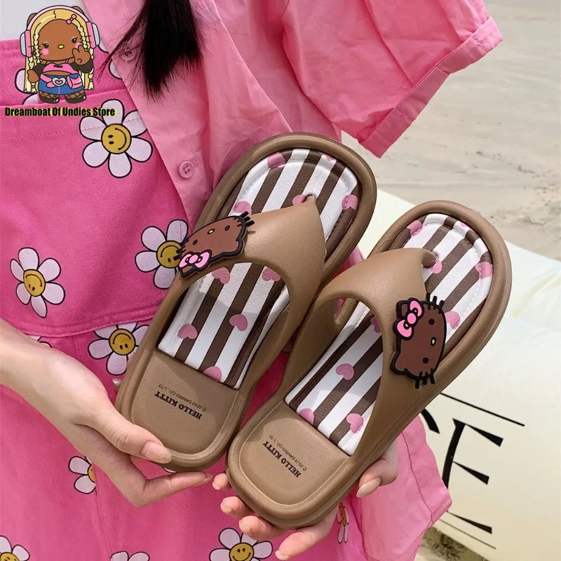 Hawaii Black Hello Kitty Cute Cat Women Flip-flops Summer Cute Non-slip Flat Sandal Beach Shoes Brown Stripe Outside Slipper